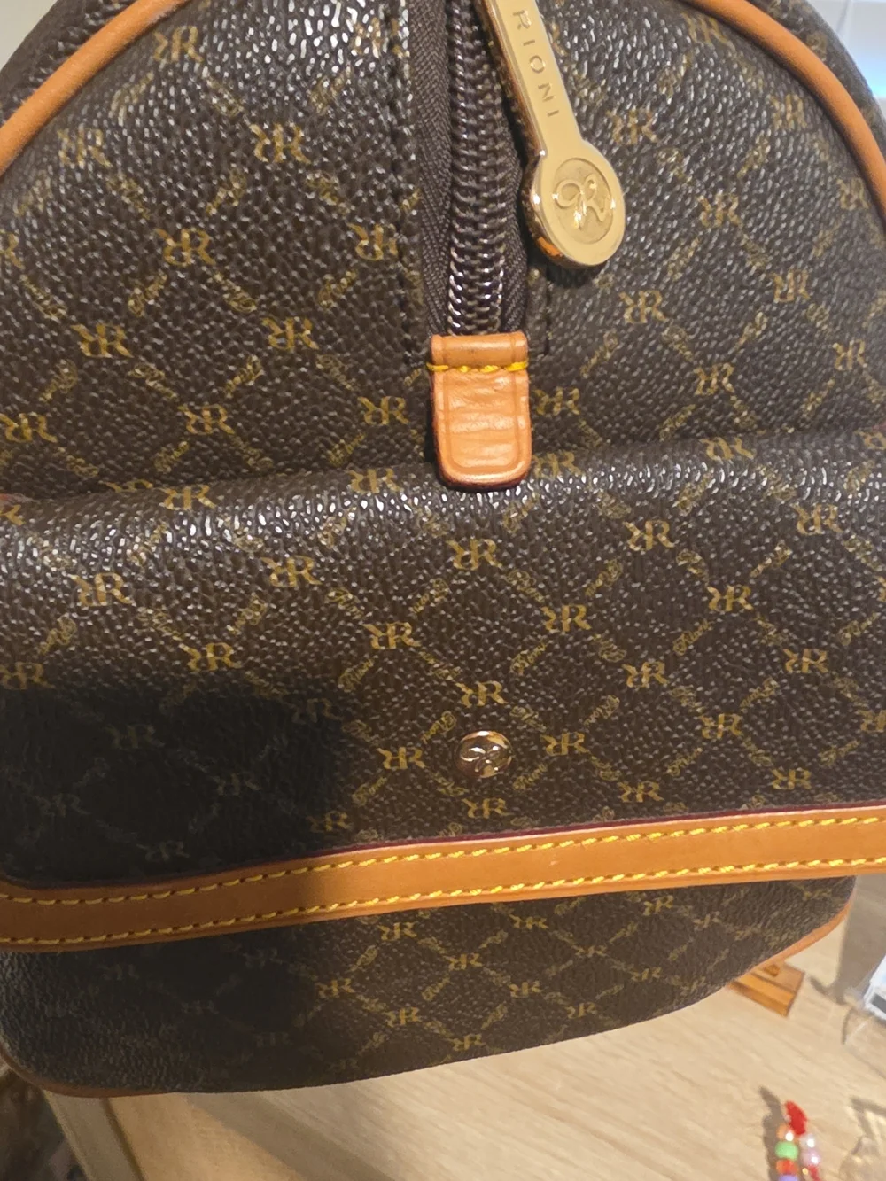 RIONI Brown Monogram Satchel Handbag with Tan Trim